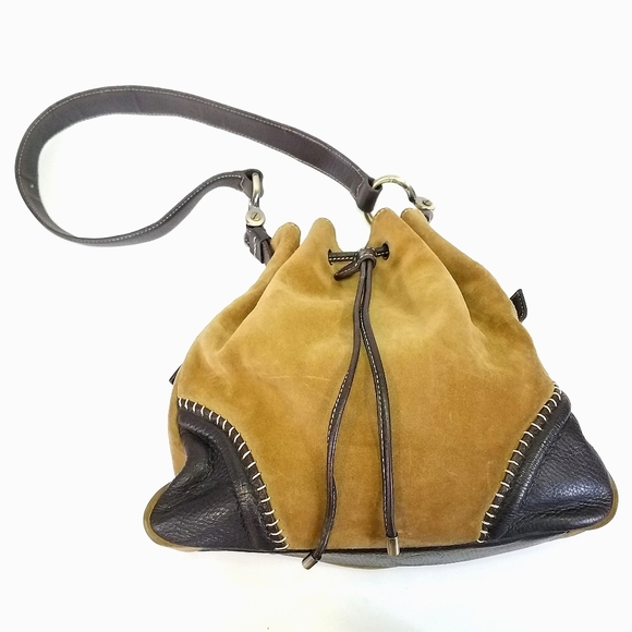 Vintage Donald J. Pliner Y2K Boho Soft Suede Leather Drawstring Bucket Hobo Bag - Picture 1 of 13